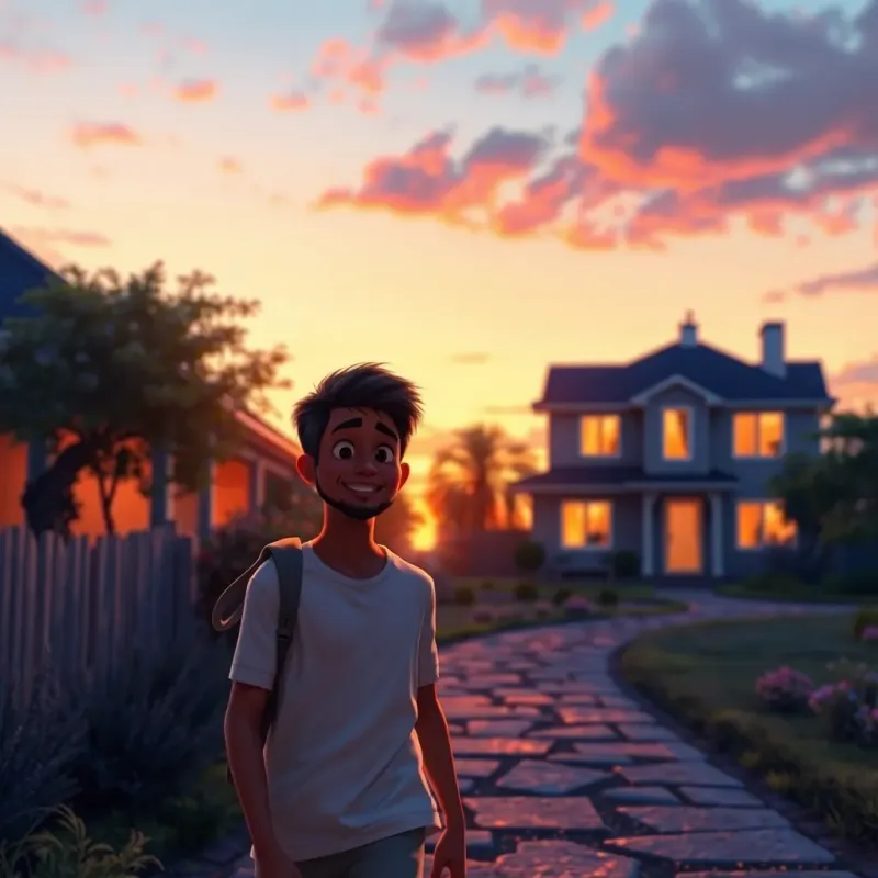 A beautiful sunset as Sami walks home, reflecting the colors of the day, happiness on his face, home in the background, warm and inviting atmosphere, artistic depiction
