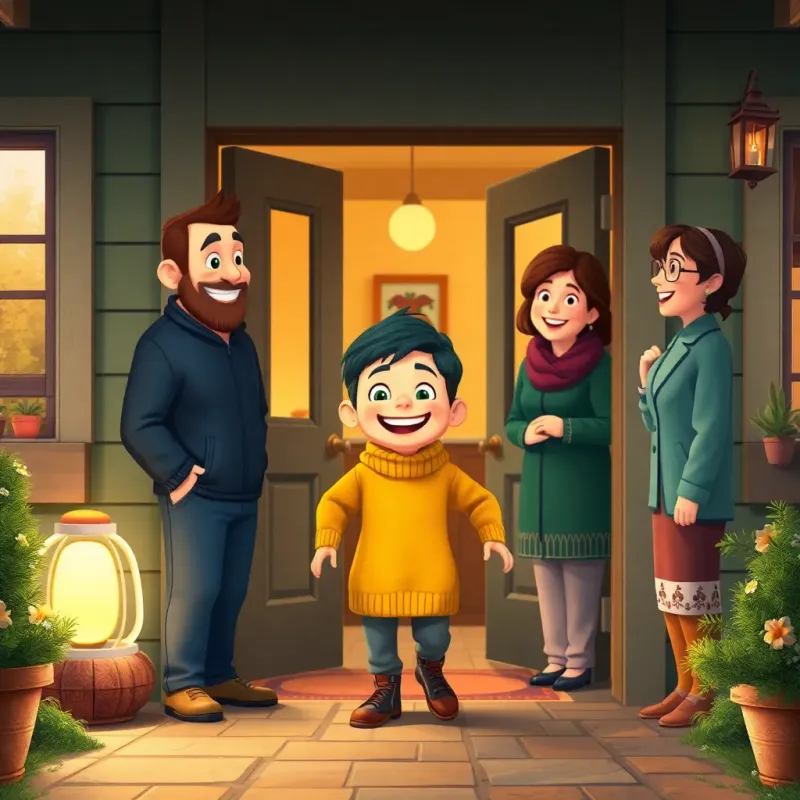 Sami entering his house with a big smile, greeted by his parents, family warmth and joy, cozy home setting, happy and heartwarming scene