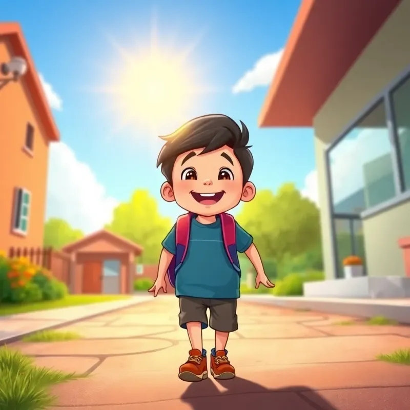 Sami, an 8-year-old boy, happily walking towards his school, sun shining brightly on his face, vibrant colors around him, joyful expressions, detailed illustration, child-friendly