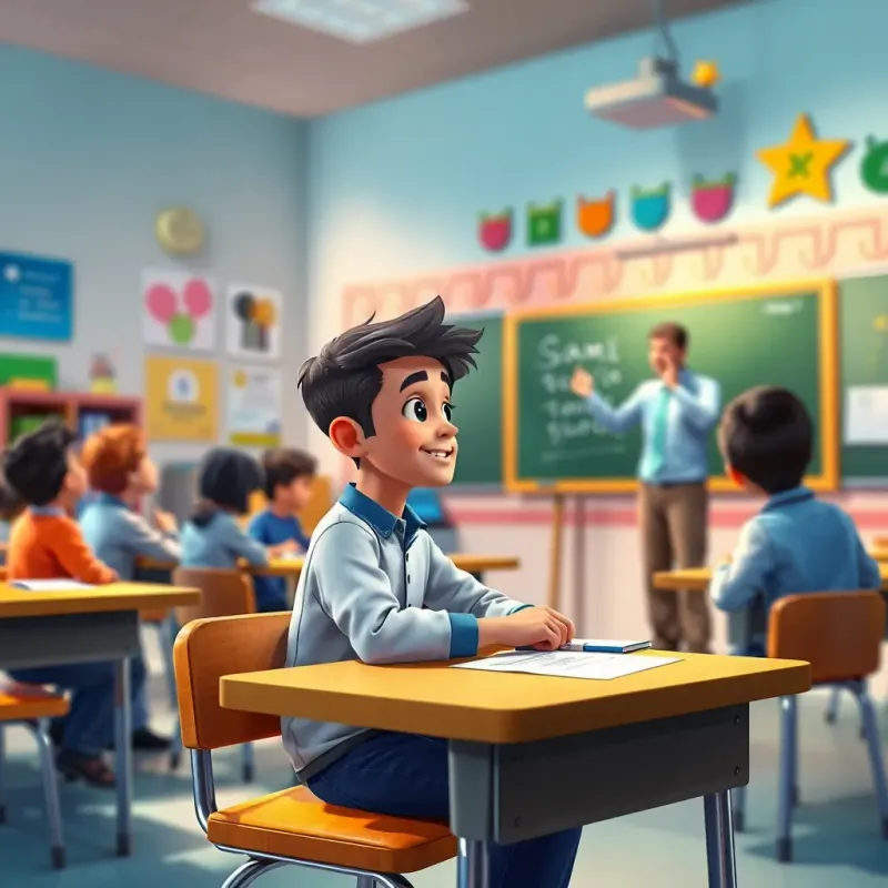 Sami sitting at his desk in class, listening attentively to his teacher, who is explaining a lesson at the blackboard, friendly classroom environment, colorful decorations, bright light, engaging scene, digital painting