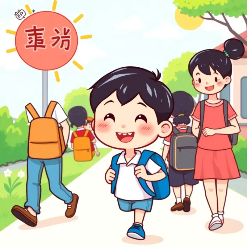 A cheerful boy, يوسف, with short black hair, wearing a blue backpack and school uniform, walking happily to school alongside his friends in a sunny environment, illustration, bright colors, lively scene, child-friendly