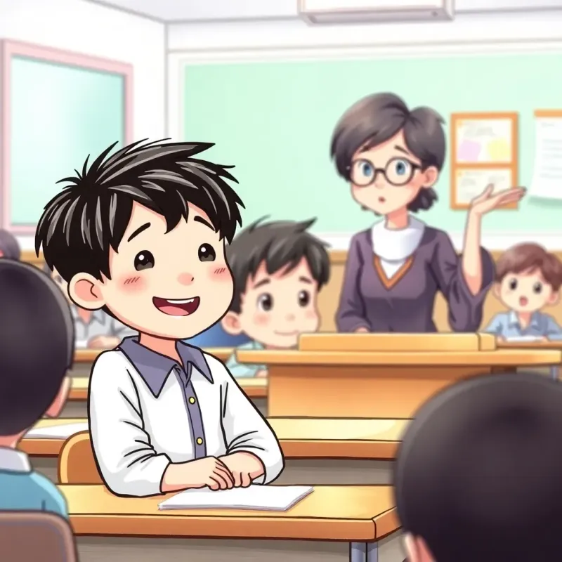 يوسف, a cheerful boy with short black hair, in a classroom, sitting attentively at his desk, listening to a teacher with glasses explaining a lesson, detailed cartoon style, bright classroom colors, engaging atmosphere, high quality