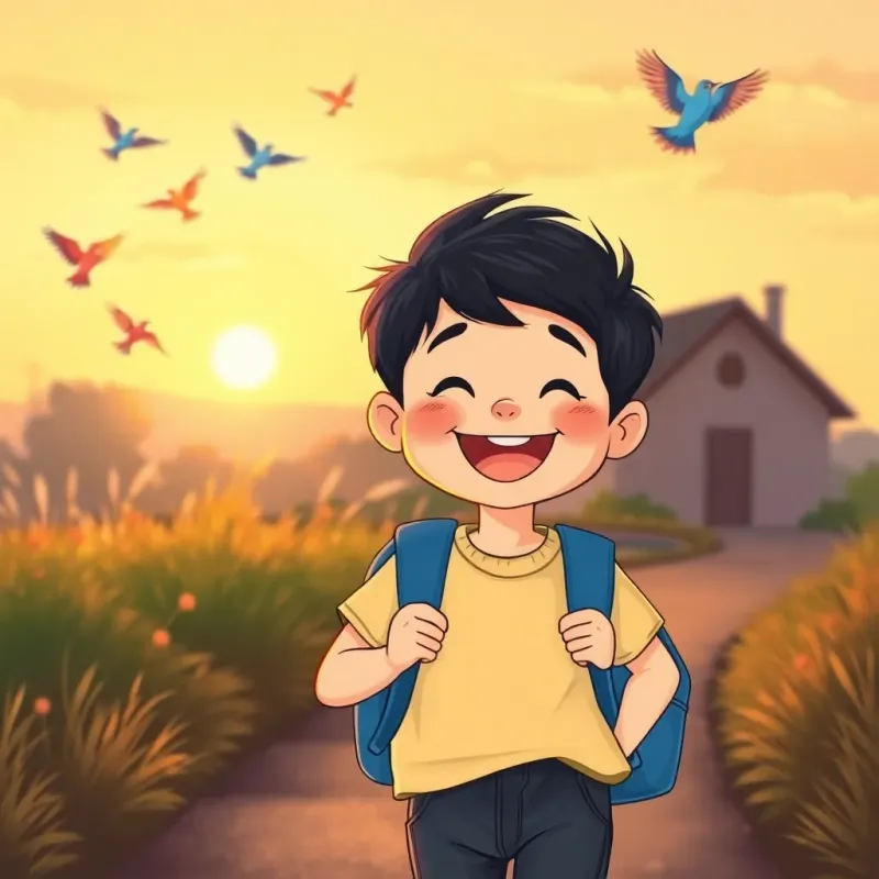 A joyful boy, يوسف, walking back home in the evening light, smiling widely with his blue backpack, while colorful birds flutter in the background, heartwarming scene, rich sunset colors, inviting atmosphere, high quality