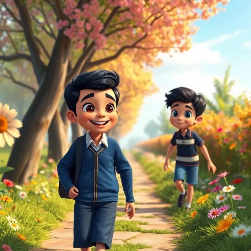 Ali, a young Arab boy, with short black hair in a blue school uniform, walking happily with his friend Sami along a tree-lined path, colorful flowers around, vibrant colors, inviting scene, high quality