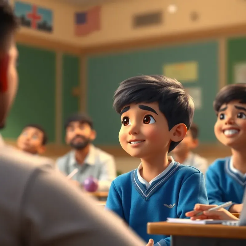 Ali, a young Arab boy with short black hair in a blue school uniform, sitting in a classroom, listening intently to a smiling teacher explaining a lesson, warm light, focused expressions, detailed digital art, high quality