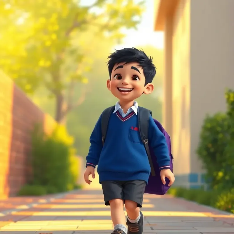 Ali, a young Arab boy with short black hair in a blue school uniform, walking home from school with a big grin on his face, his backpack bouncing, golden afternoon light, happy colors, heartwarming scene, high quality