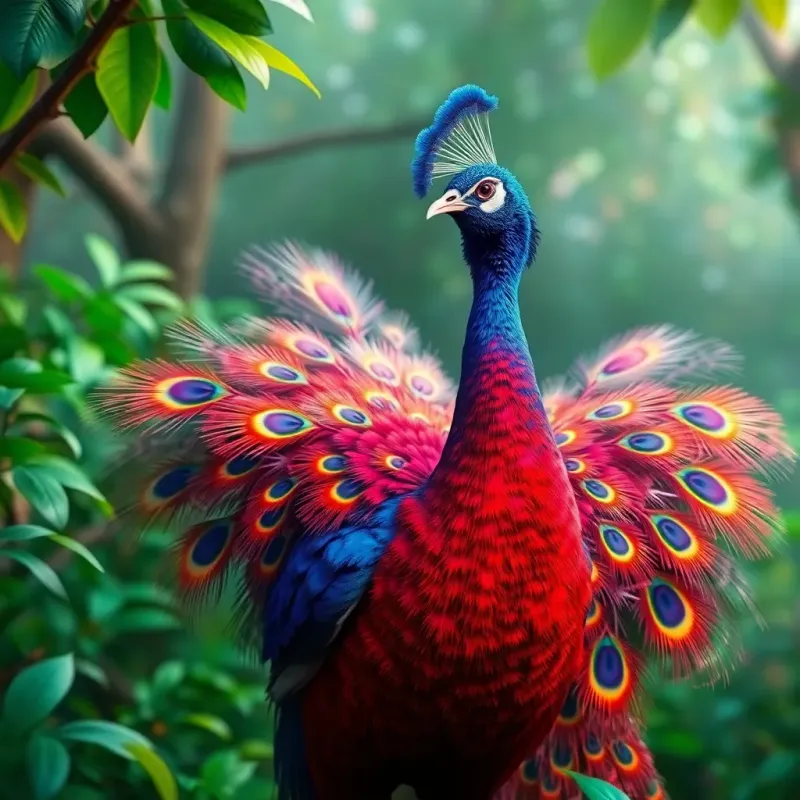 A beautiful peacock with vibrant feathers displaying their colors in a lush green forest, digital art, colorful, joyous atmosphere, high quality