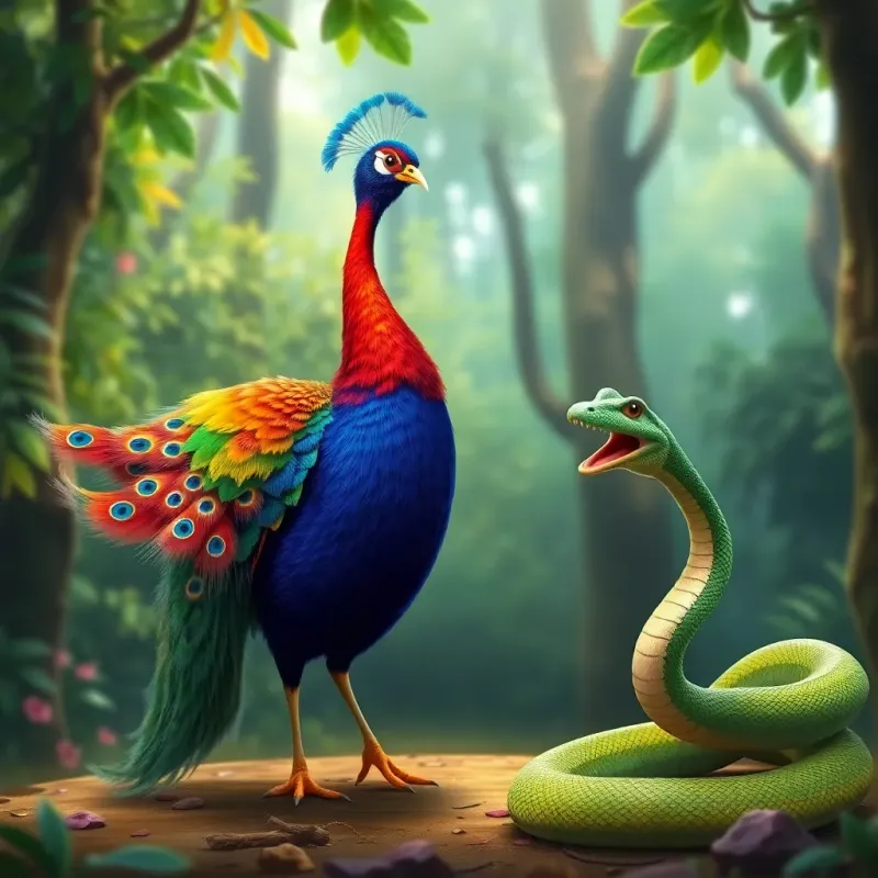 A colorful peacock dancing gracefully while a sly green snake watches with admiration, vibrant forest background, cheerful mood, digital painting, high detail