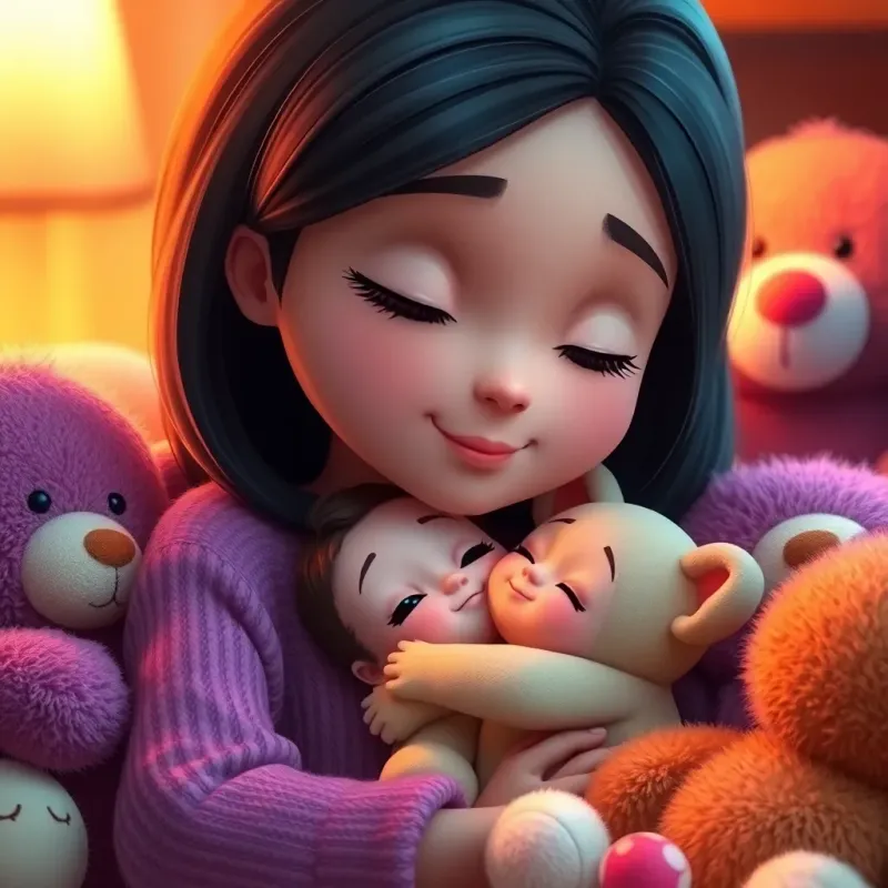 A gentle mother with soft features, holding her baby close, both with warm expressions, surrounded by colorful plush toys, peaceful atmosphere, cozy cuddle time, detailed digital art, warm lighting, soft colors, high quality