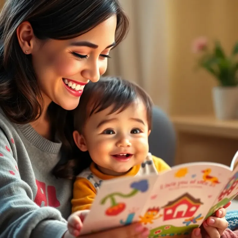 A close-up of a smiling mother and her baby, exploring a colorful picture book with bright illustrations, delightful colors, engaging scene, warm ambiance, joyful mood, digital art, high quality