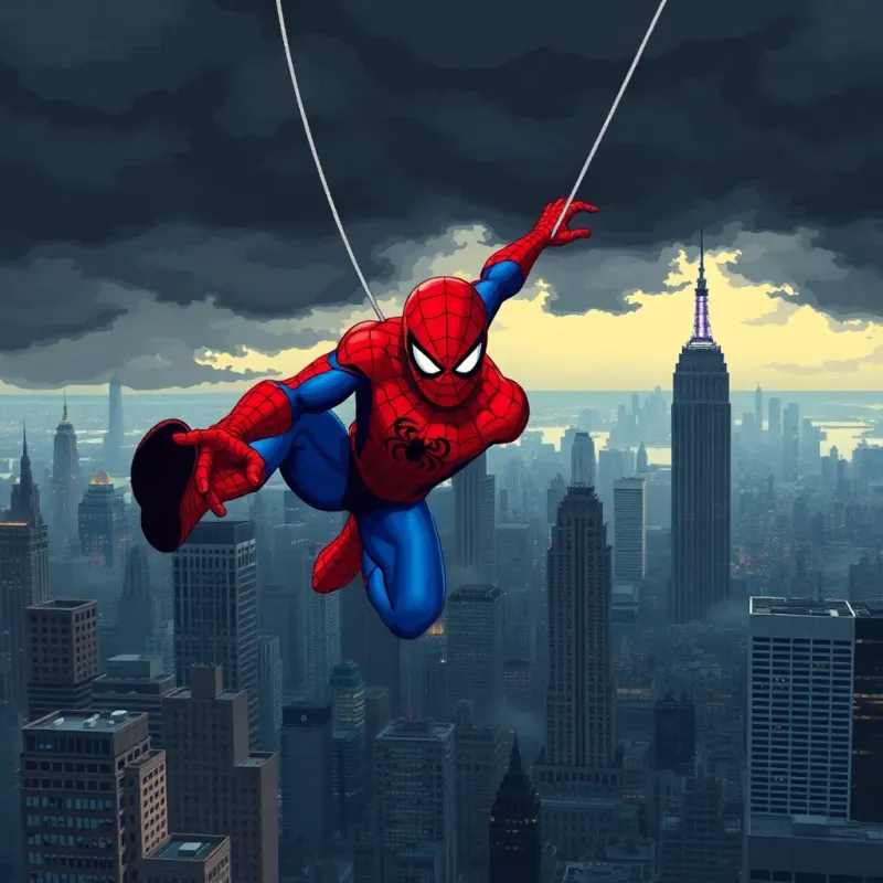 A cityscape of New York with dark stormy clouds above, Spiderman swinging through the air, determined expression, wearing his red and blue costume, people watching in excitement, digital art, vibrant action scenes, dramatic lighting, high quality