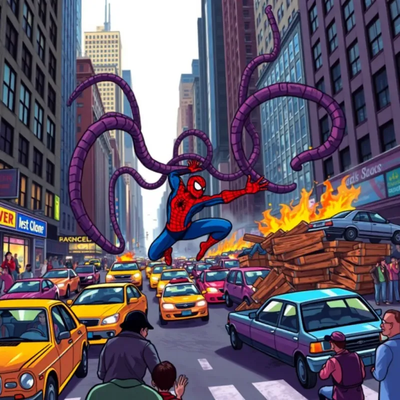 A fierce battle scene in the middle of New York, Spider-Man dodging Octopus Doctor's long tentacles, cars crushed and piled, spectators gasping, colorful and intense, cartoon style, engaging atmosphere, high quality
