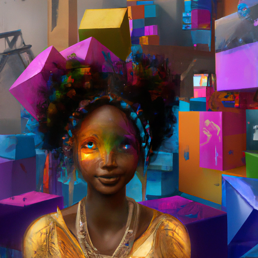 Awurama surrounded by colorful blocks, her eyes sparkling with joy.