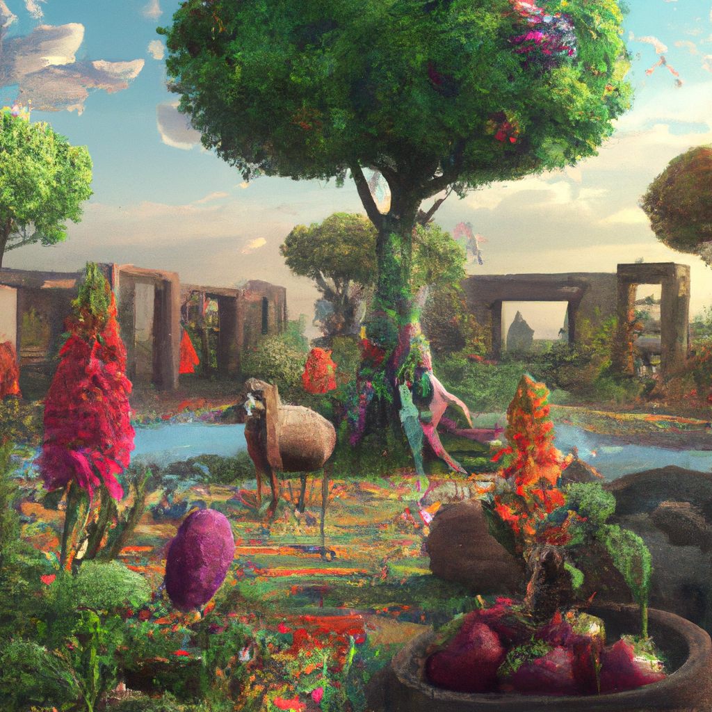 Um jardim mágico com árvores frutíferas e animais sorridentes.