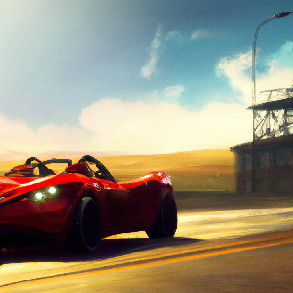 A red sports car driving down a sunny road with the wind blowing through their hair.