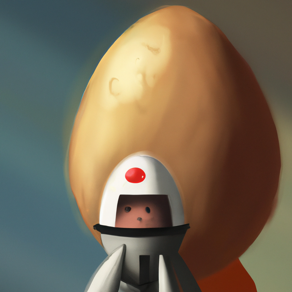 An egg wearing a space helmet and holding a toy rocket ship.