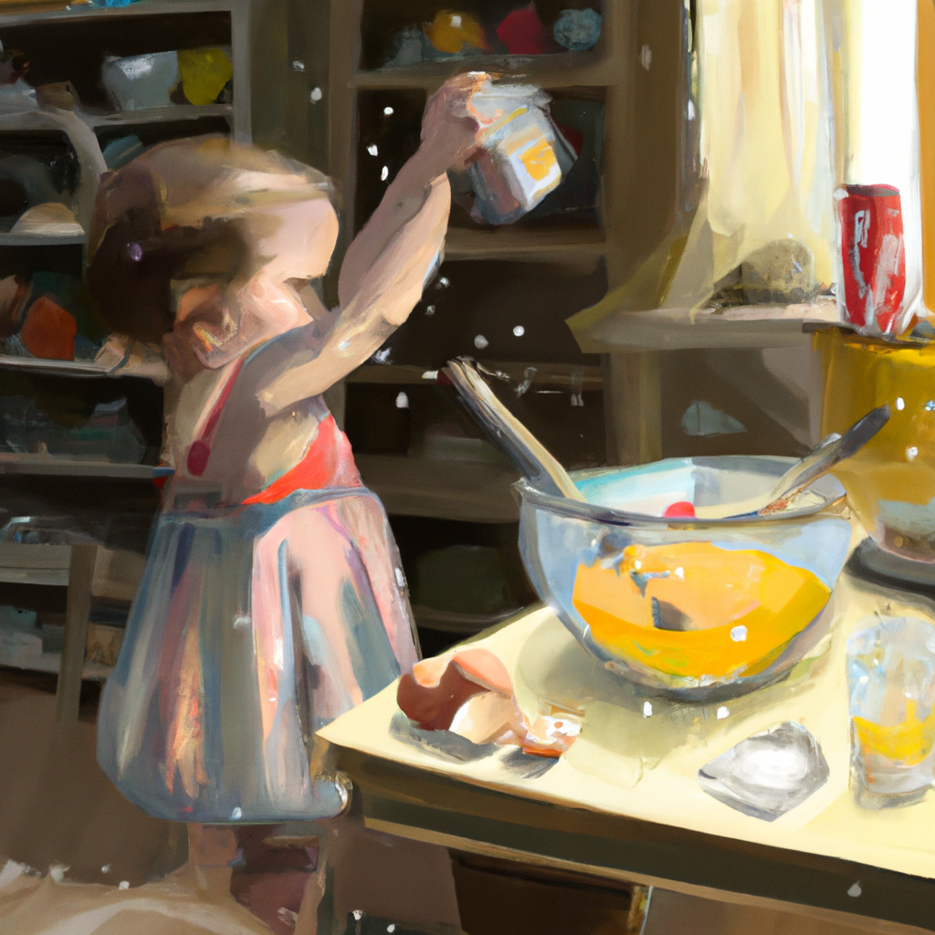 A little girl in the kitchen with a mixing bowl and ingredients. She accidentally pours salt instead of sugar into the bowl.