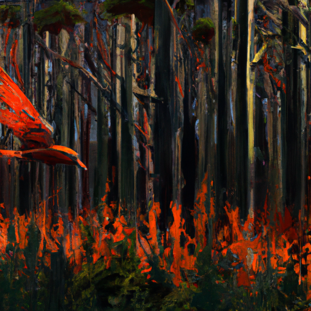 A magnificent bird with fiery red, orange, and golden feathers soaring through a mystical forest filled with ancient trees.