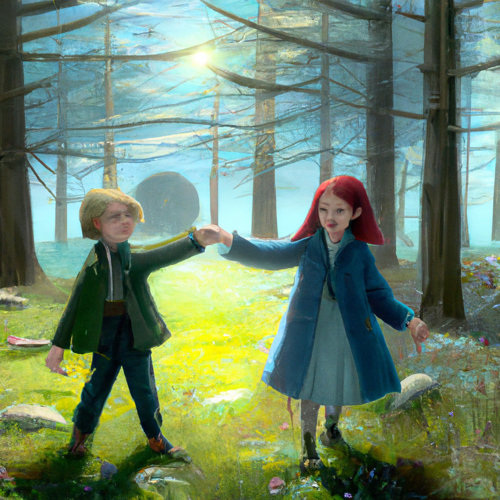 Two children, a boy and a girl, holding hands and smiling in a magical forest