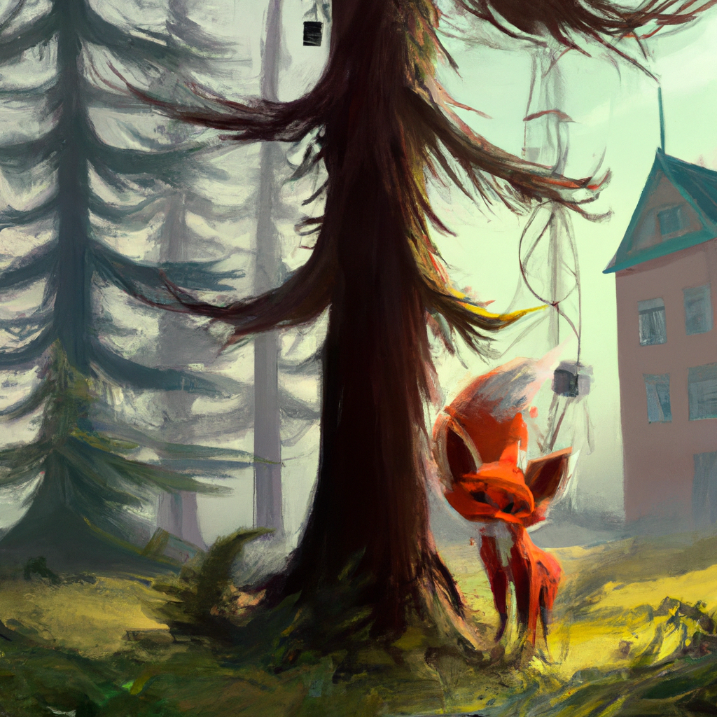 A clever little fox with a mischievous smile exploring a magical forest filled with towering trees whispering secrets in the wind.