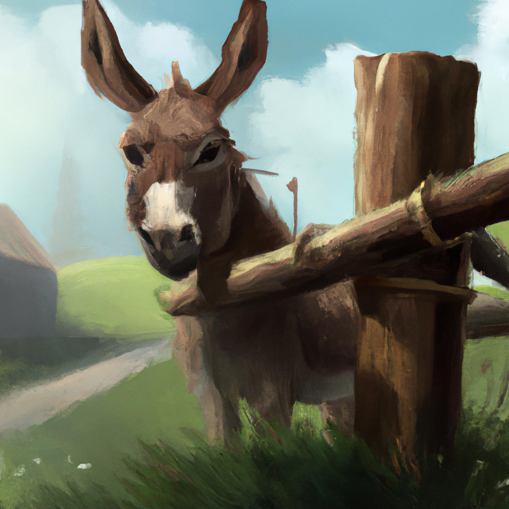 A brown donkey with kind eyes and a friendly smile living happily on a farm surrounded by lush green fields.