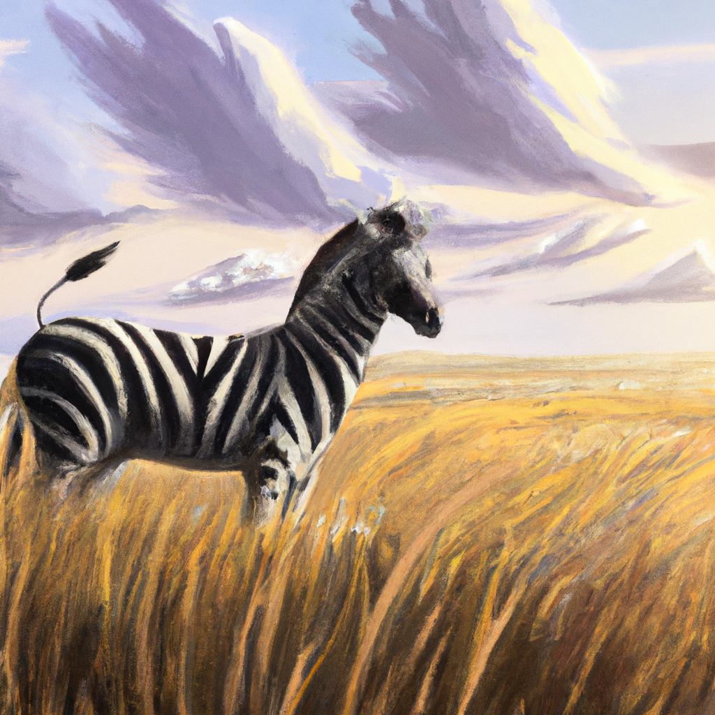 A zebra with bold black and white stripes standing in the African savanna, surrounded by tall grass and a bright sun.
