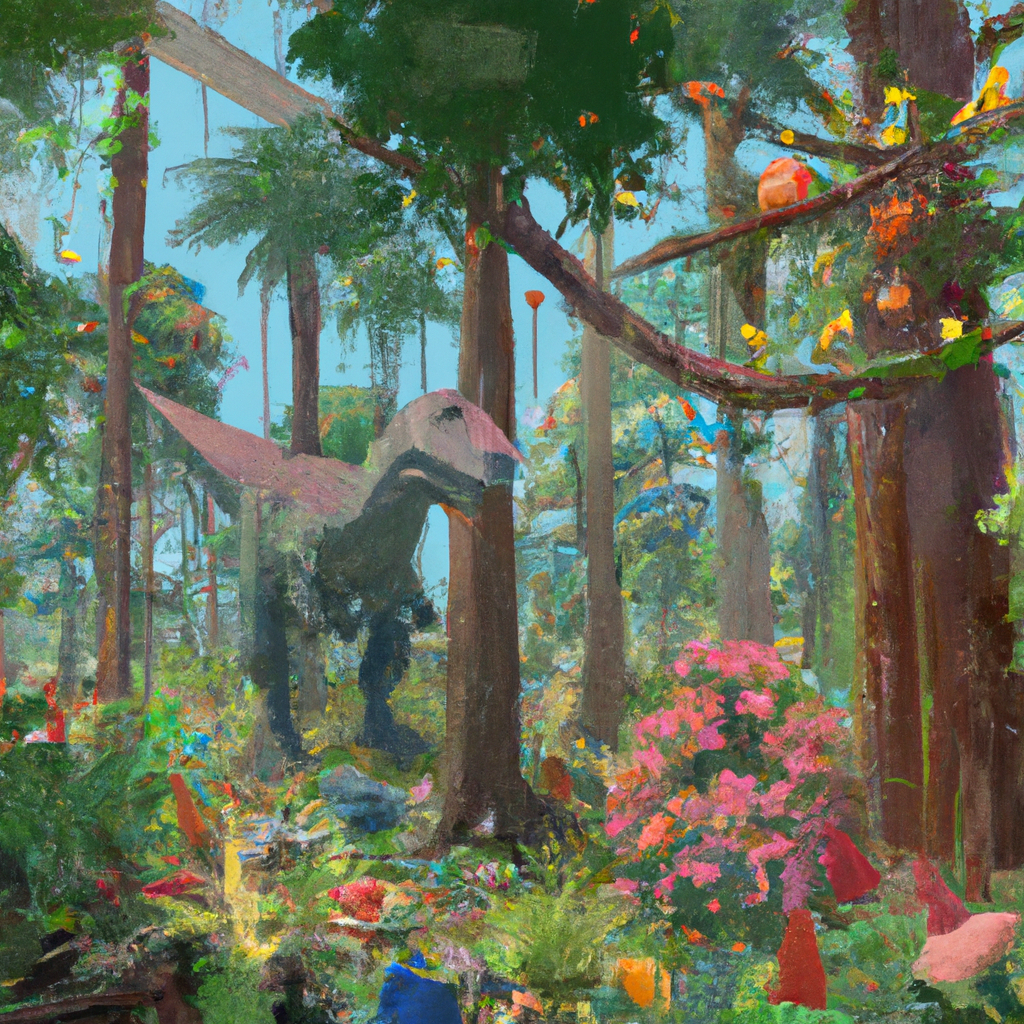 A colorful forest filled with tall trees and friendly dinosaurs. Flowers and fruits surround them, creating a lively atmosphere.