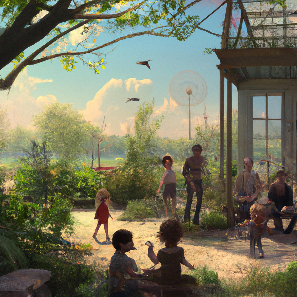 A group of children and adults sitting in a beautiful garden, enjoying a sunny day.