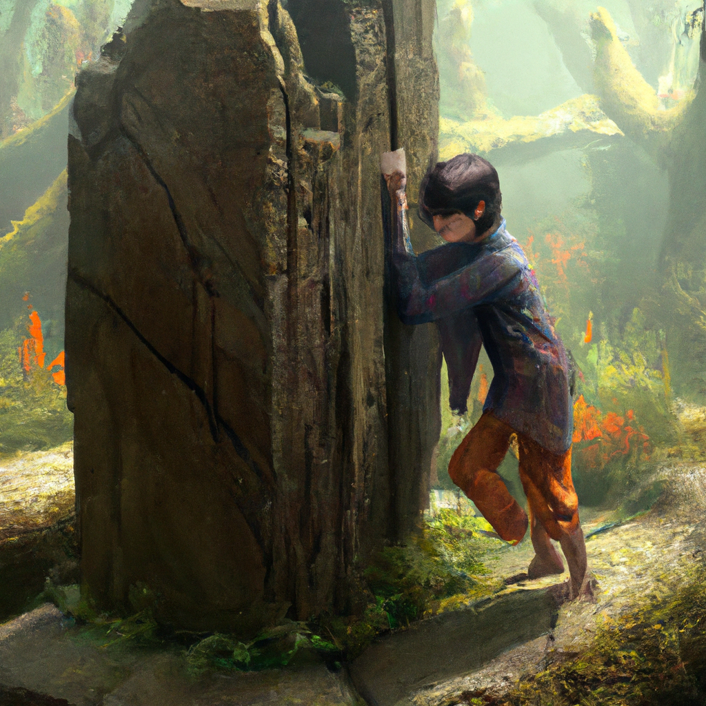 A young boy with a curious expression finding a beautifully carved totem in the depths of a lush Indian forest.