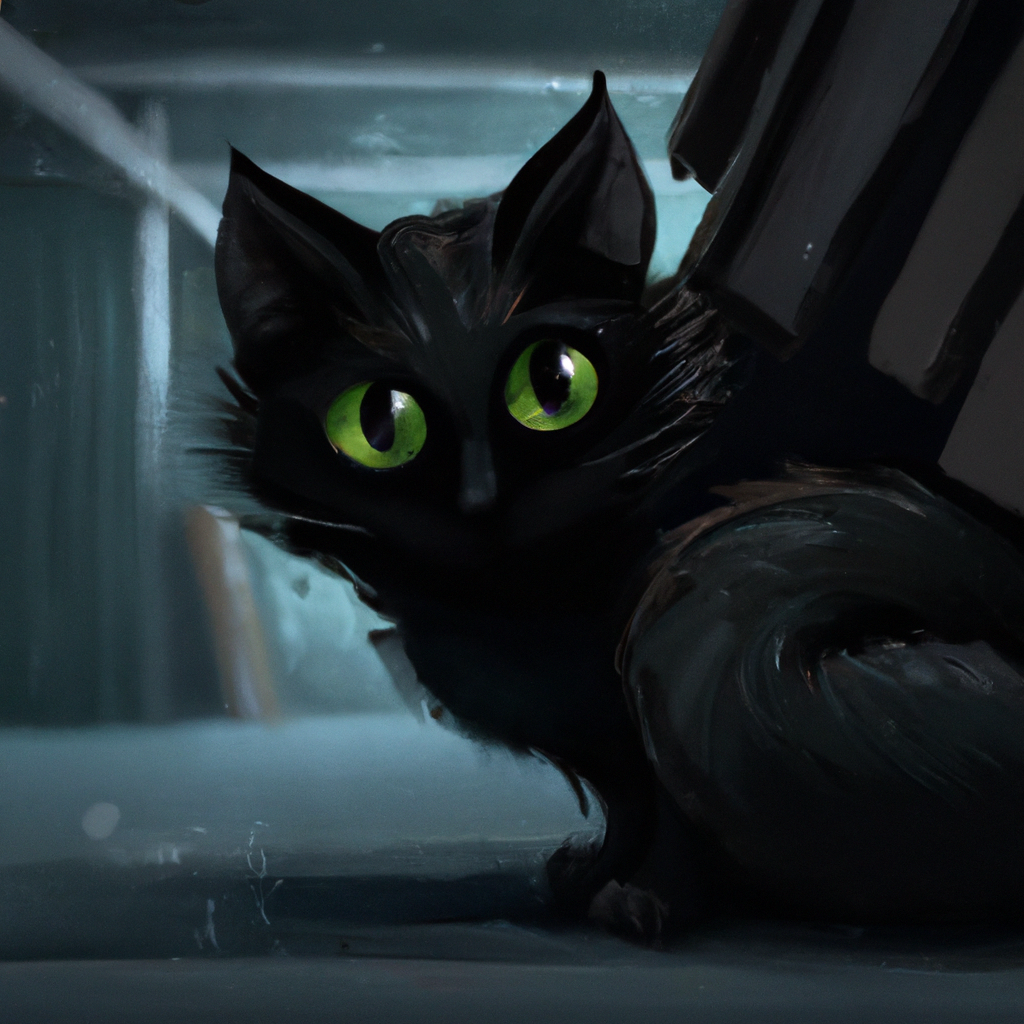 A mischievous kitty with bright green eyes and fur as dark as the night.