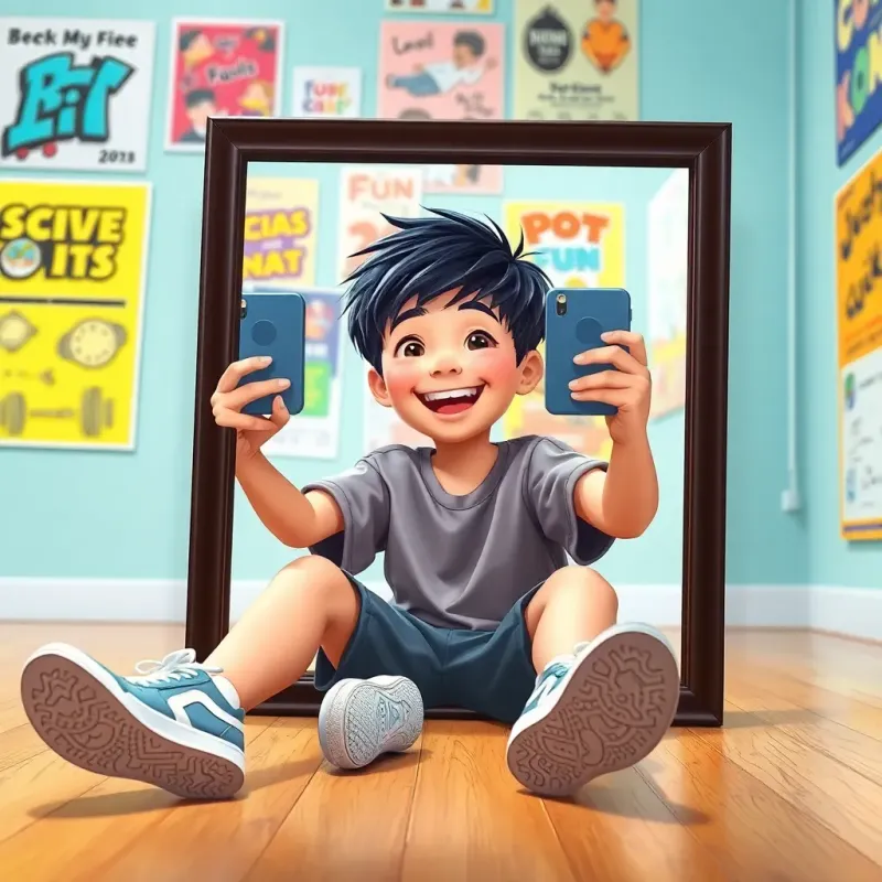 A young boy, with short black hair, sitting on the floor wearing sports shoes, excitedly taking a mirror selfie, bright background with fun posters, a smile on his face, energetic and cheerful vibe, joyful scene, high quality