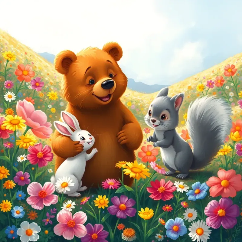 Pipo, the bear, with his friends Marta the bunny, a small white bunny with floppy ears, and Tico the squirrel, a fluffy gray squirrel with a bushy tail, exploring a colorful flower valley filled with various flowers in bright shades, playful scene, warm sunlight, joyful interaction, illustration