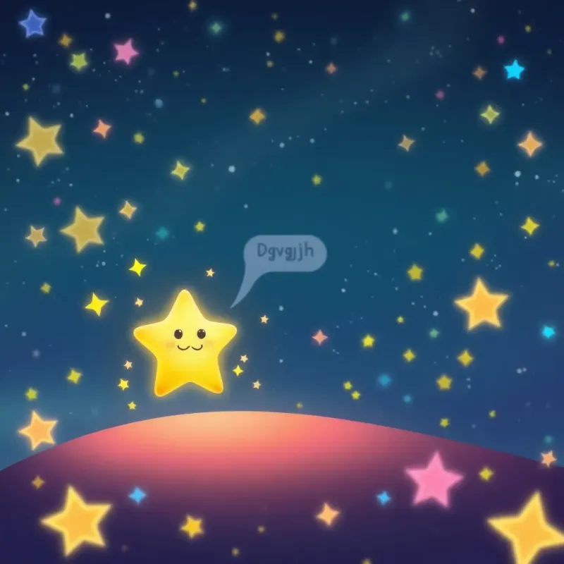 A glowing star speaking to Dgvgjh, with sparkles around it, in a magical starry land, filled with colorful stars and cosmic swirls, illustration, whimsical, dreamlike quality, child-friendly