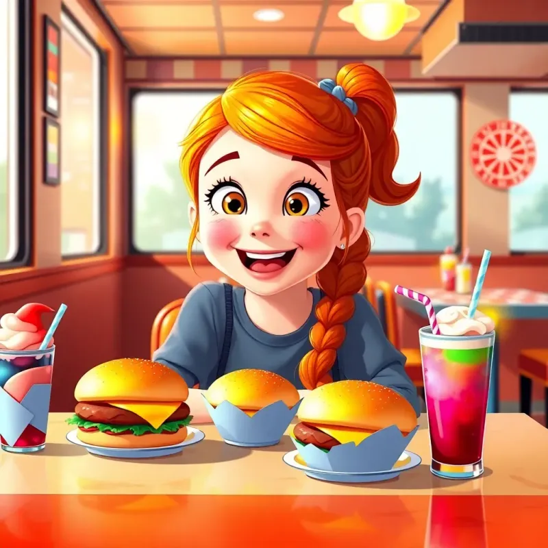 A young girl, Faith-Nora, with bright ginger hair, sitting in an American diner, smiling excitedly with hamburgers and colorful milkshakes on the table, cozy atmosphere, cheerful, digital art, vibrant colors, happy scene, high quality