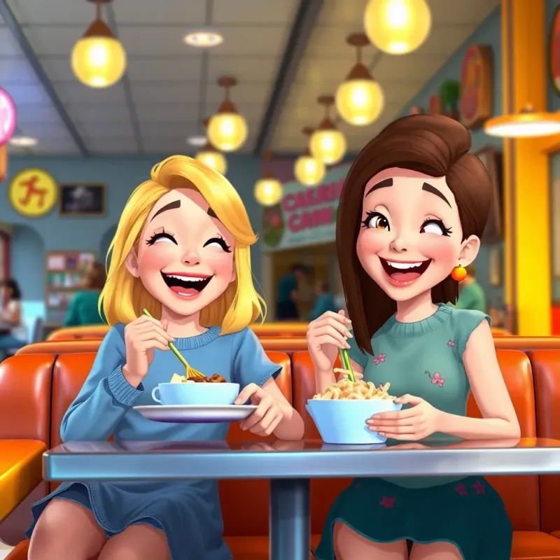 Two older sisters, Macy with sunny blonde hair and Evie with sleek brown hair, sitting beside Faith-Nora in the diner, laughing and enjoying their food, a busy diner background with colorful decor, joyful moment, bright lighting, child-friendly, high quality