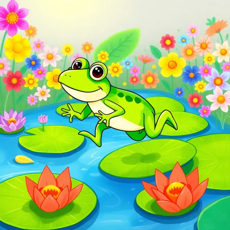 Freddy the frog hopping across vibrant lily pads, with colorful flowers in the background, sunlight shining down, illustration, joyful, nature-filled scene