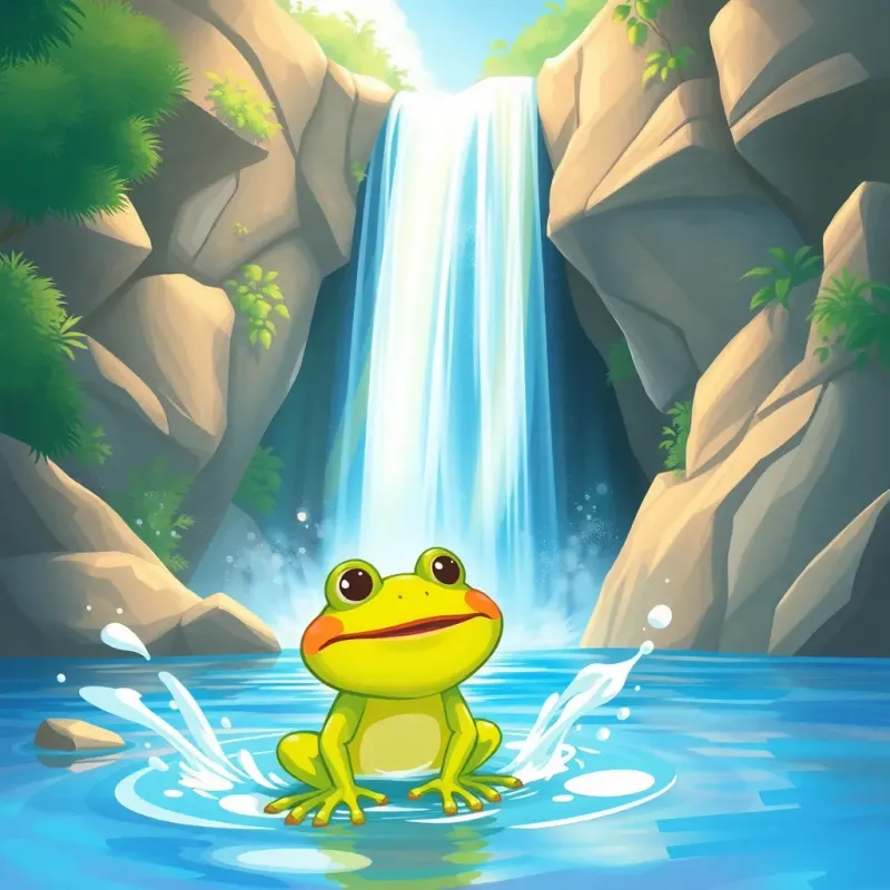 A tall shining waterfall with Freddy the frog enjoying a splash in the cool water, bright and inviting surroundings, digital painting, refreshing ambiance, lively