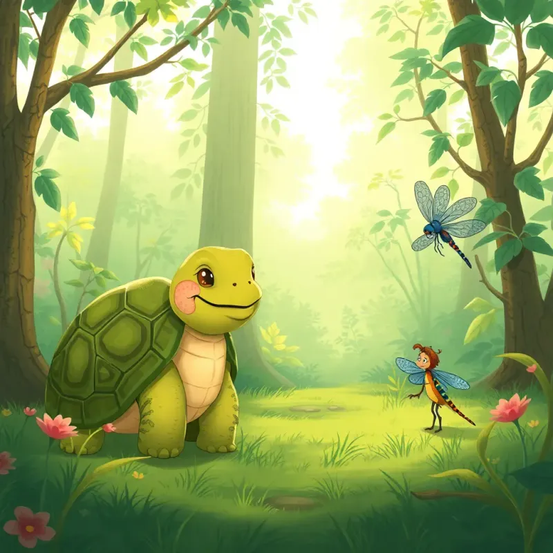 Toma, a wise old tortoise with a gentle smile, talking to Freddy and Bella the dragonfly, in a lush green forest, digital art, warm colors, storytelling view, high quality