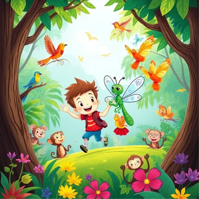 Freddy and Bella the dragonfly exploring a vibrant forest filled with colorful birds and playful monkeys, illustration, cheerful, adventure-themed, bright