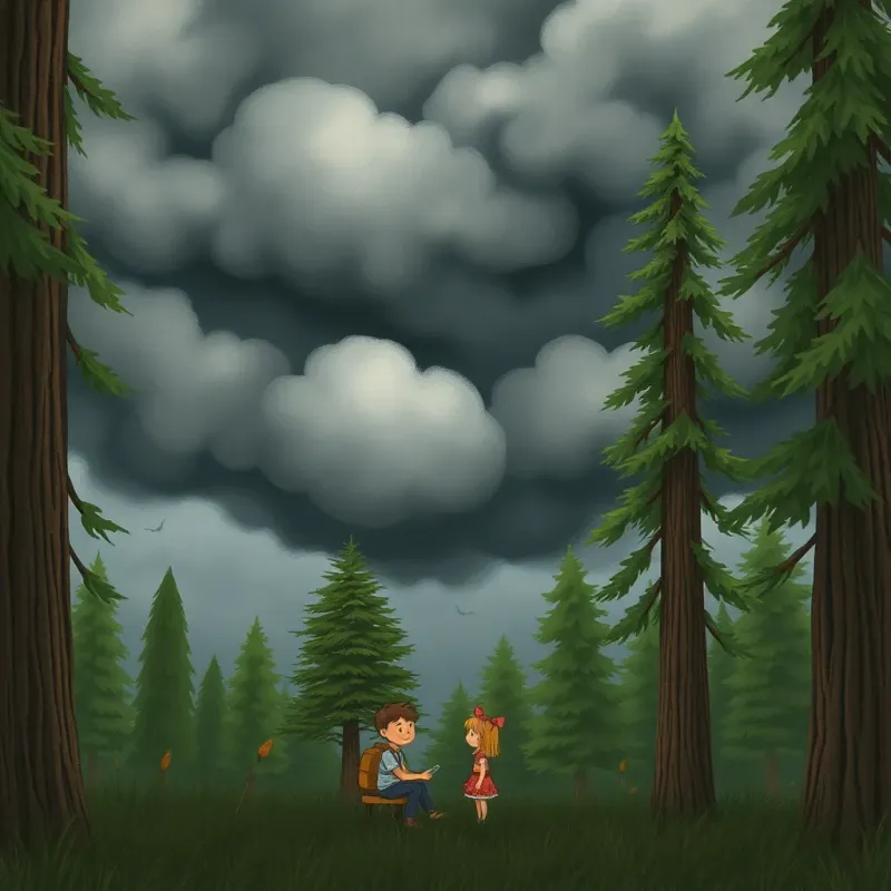 Dark clouds gathering in the sky while Freddy and Bella find shelter under tall trees, surrounded by nature, illustration, dramatic yet calm, detailed