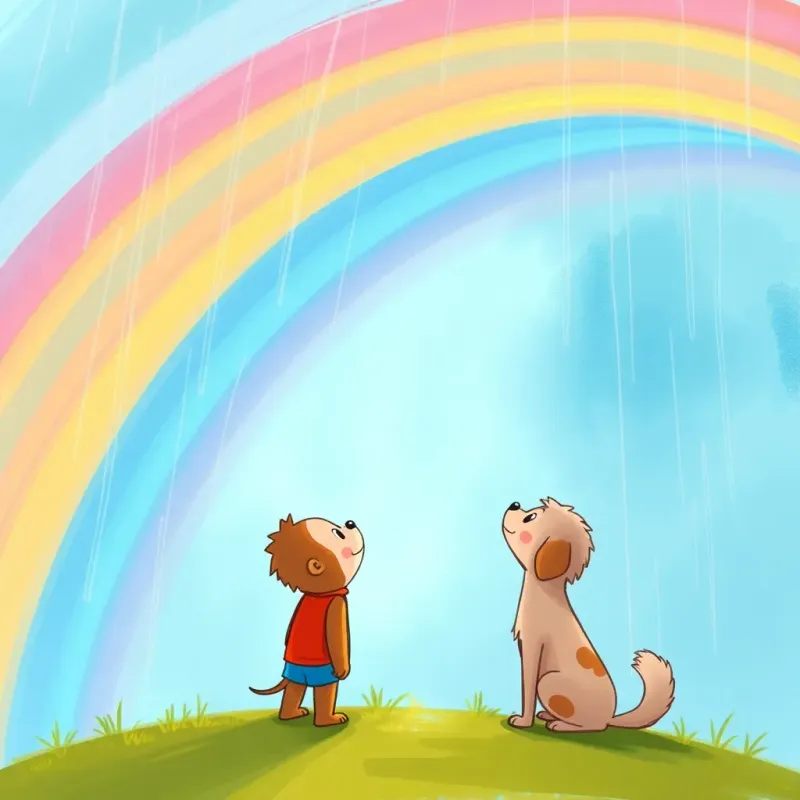A beautiful rainbow appearing in the sky after the rain, with Freddy and Bella gazing in awe, vibrant and colorful, digital painting, uplifting