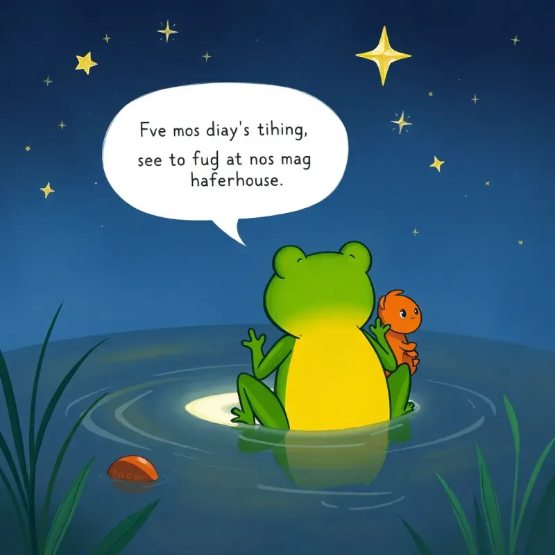 Freddy the frog back in his pond, telling his family about his adventure, surrounded by stars twinkling in the night sky, digital art, warm colors, cozy, inviting