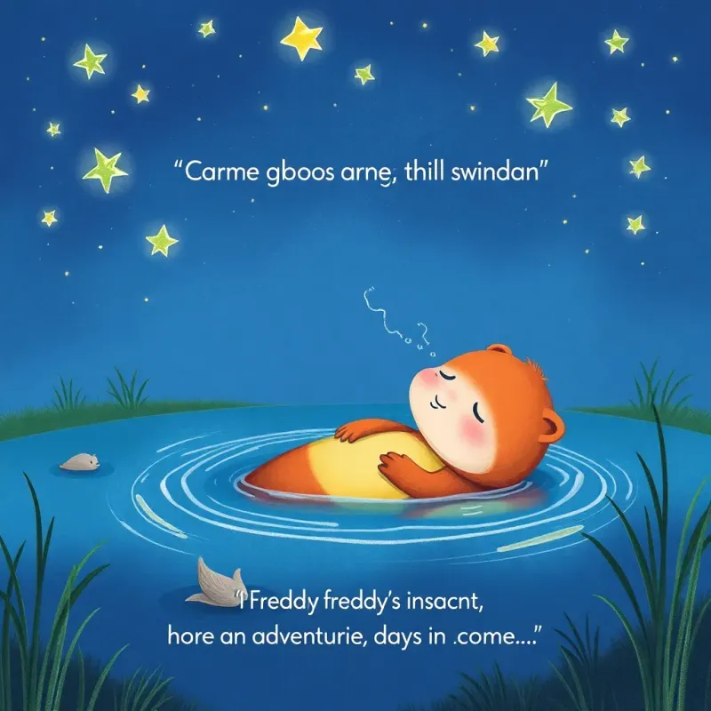 Freddy dreaming peacefully in his cozy pond under the twinkling stars, imagining more adventurous days to come, illustration, calm and dreamy, vibrant
