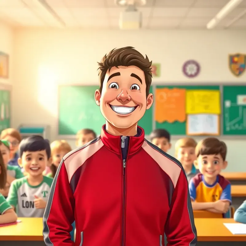 A cheerful sports coach, Marco, in a tracksuit, standing in front of a classroom with excited middle school students, colorful classroom, bright sunlight, illustration, engaging, lively atmosphere, high quality