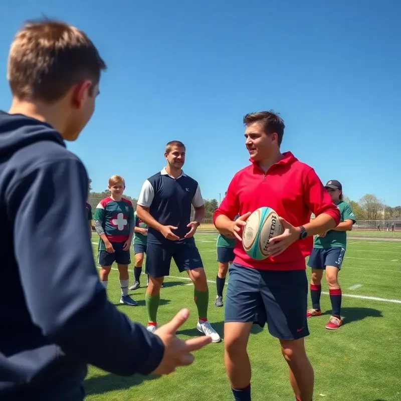 A dynamic scene of Coach Marco demonstrating rugby rules on a green field, surrounded by middle school students, some holding a rugby ball, bright blue sky, fun, energetic, vivid colors