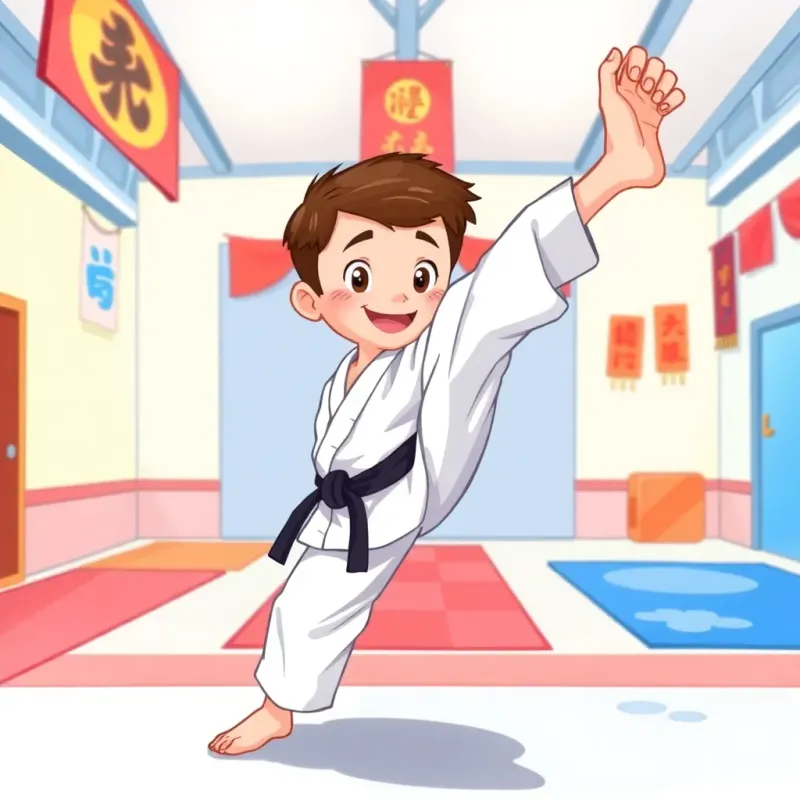A young boy with short hair, Sam, wearing a white karate uniform with a black belt, demonstrating a high kick in a colorful dojo with mats and karate banners, vibrant colors, cheerful atmosphere, digital art, child-friendly