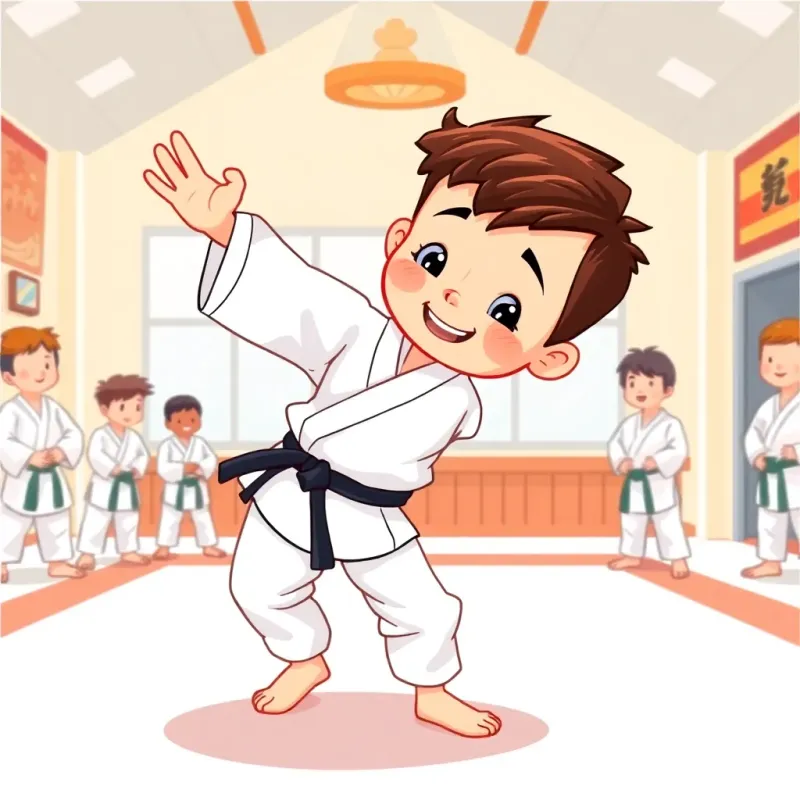 A young boy with short hair, Leo, in a white karate uniform with a black belt, showcasing a spinning move to his friends in a bright dojo, smiling and encouraging atmosphere, illustration, child-friendly