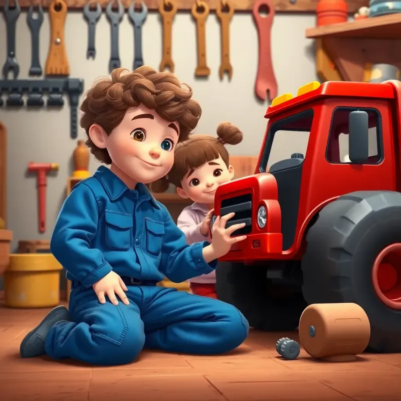 Kvali, a young boy with curly brown hair, wearing a blue mechanic outfit with a name tag, kneeling on the ground next to a little girl with pigtails, fixing a red toy truck together, in a cozy workshop with tools hanging on the wall, lively illustration, warm colors, friendly scene, high quality