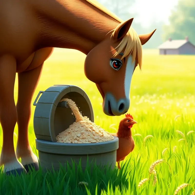 A gentle horse, Valentin, helping the small brown hen by crushing wheat into flour, in a bright, sunny field with green grass, friendly atmosphere, detailed