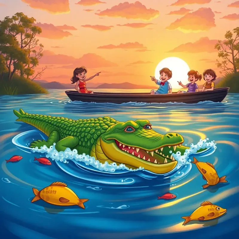 Alfred the alligator in the river, swimming swiftly with fish, children on a boat pointing and laughing, a lovely sunset in the background, illustration, friendly tone, educational environment, high quality
